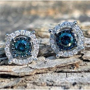 Stunning 2 Carat Blue Diamond Halo Studs ~ Evil Eye Sterling Silver Earrings